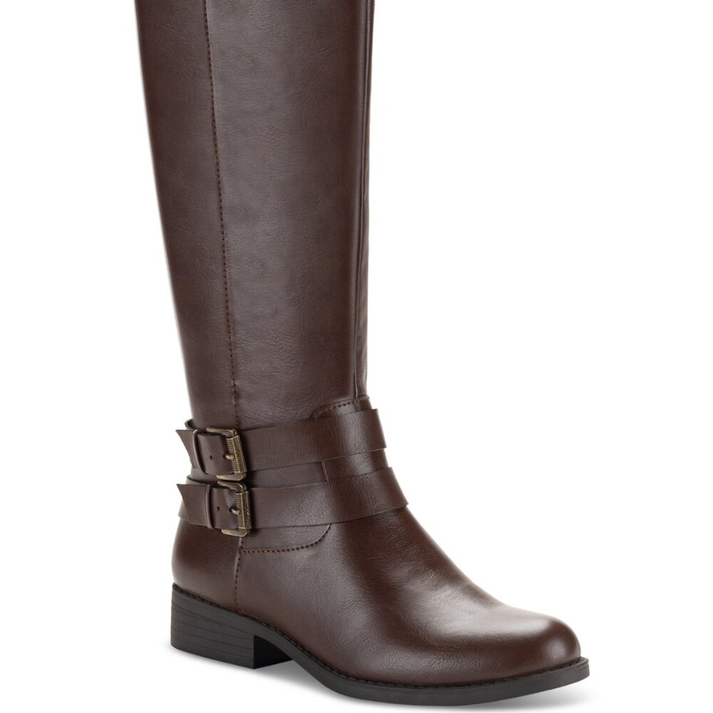 Maliaa Womens Faux Leather Buckle Mid-Calf Boots
